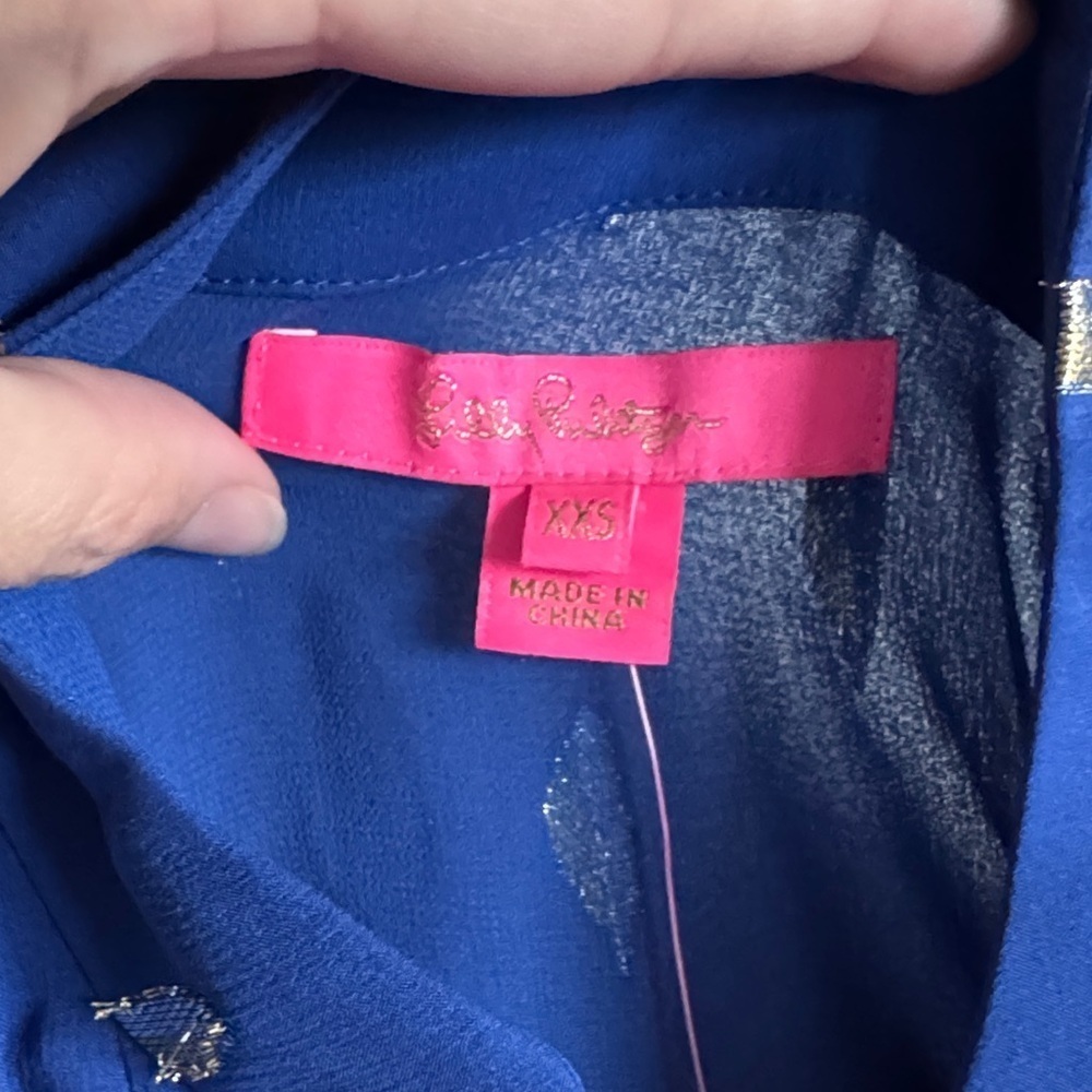 Lilly Pulitzer Royal Blue Blouse with Gold Leaf Pattern - Picture 9 of 16